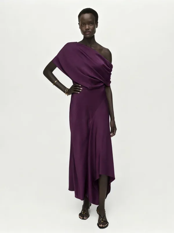 Satin Off-Shoulder Asymmetric Maxi Dress sold by COMMENSE