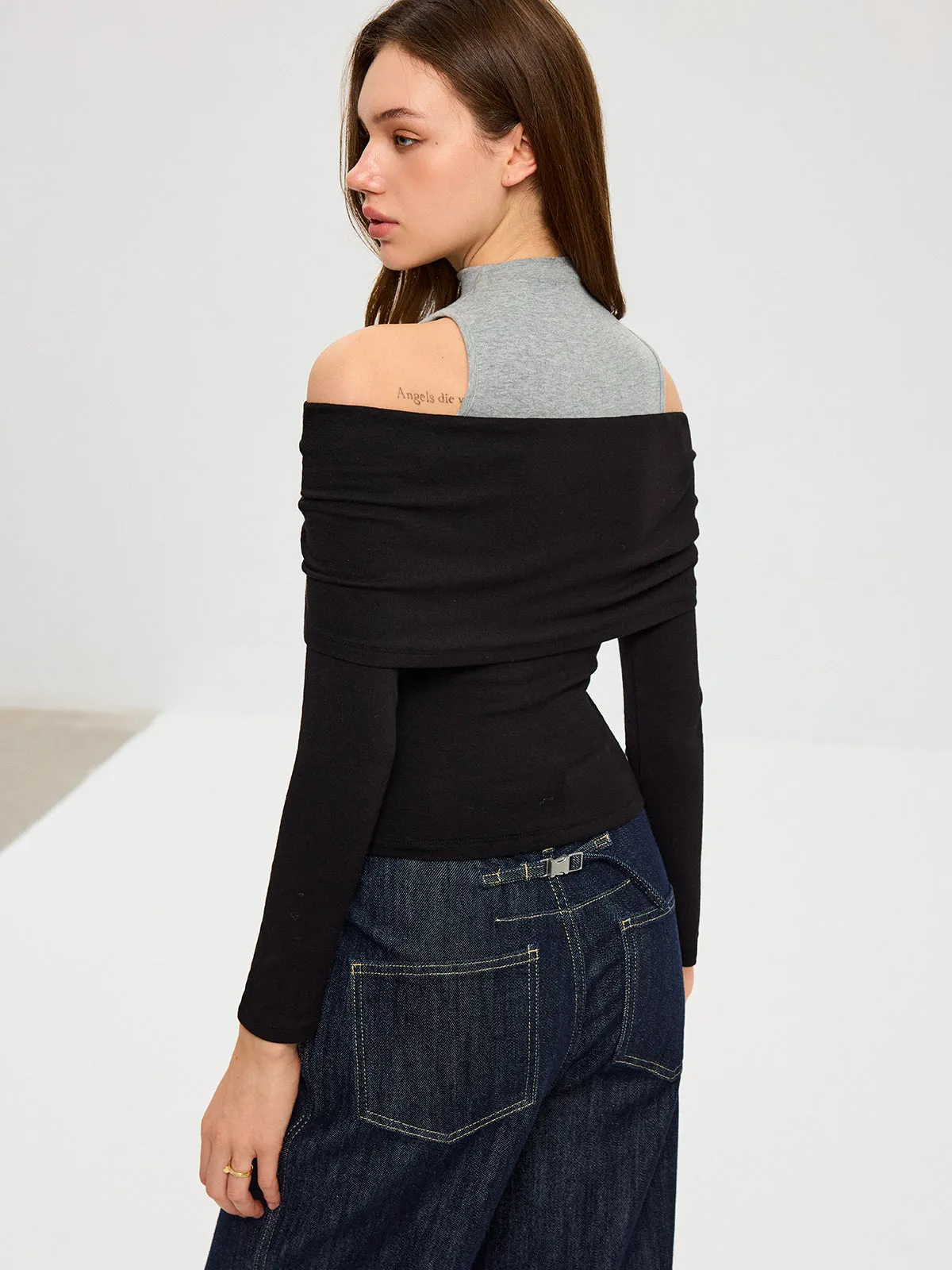 2 in 1 Contrast Panel Mock Neck Long Sleeve T-Shirt sold by COMMENSE product image thumbnail 4