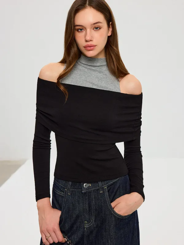 2 in 1 Contrast Panel Mock Neck Long Sleeve T-Shirt sold by COMMENSE