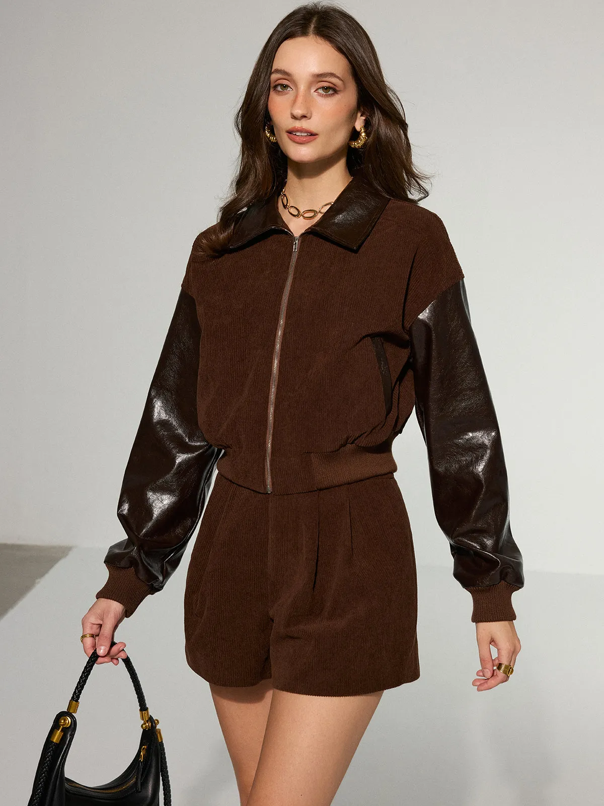 Faux Leather Panel Corduroy Zip-Up Jacket sold by COMMENSE product image thumbnail 5