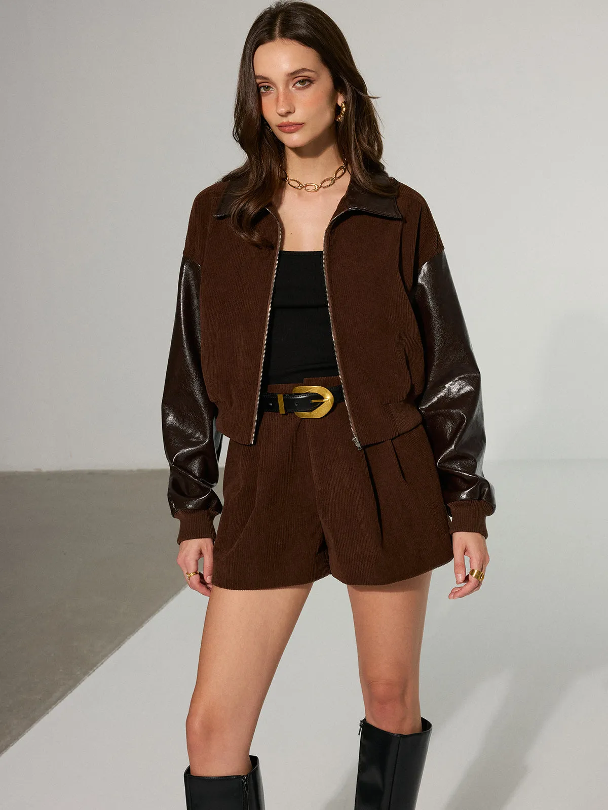 Faux Leather Panel Corduroy Zip-Up Jacket sold by COMMENSE product image thumbnail 2