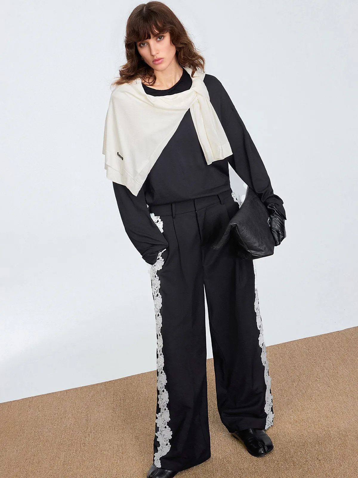 Lace Side Panel Wide-Leg Pants sold by COMMENSE product image thumbnail 3