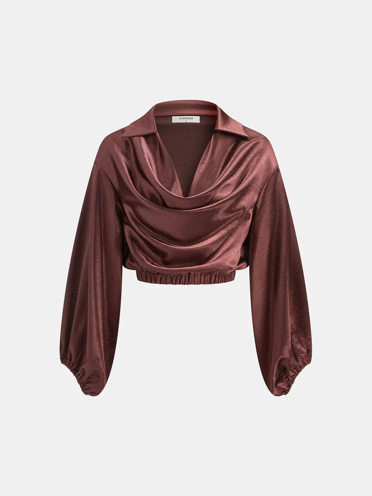 Satin Cowl Neck Cropped Cinched Blouse sold by COMMENSE
