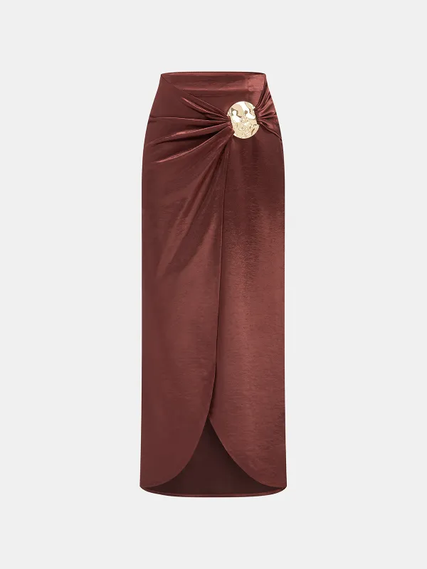 Metal Detail Satin Slit Midi Skirt sold by COMMENSE