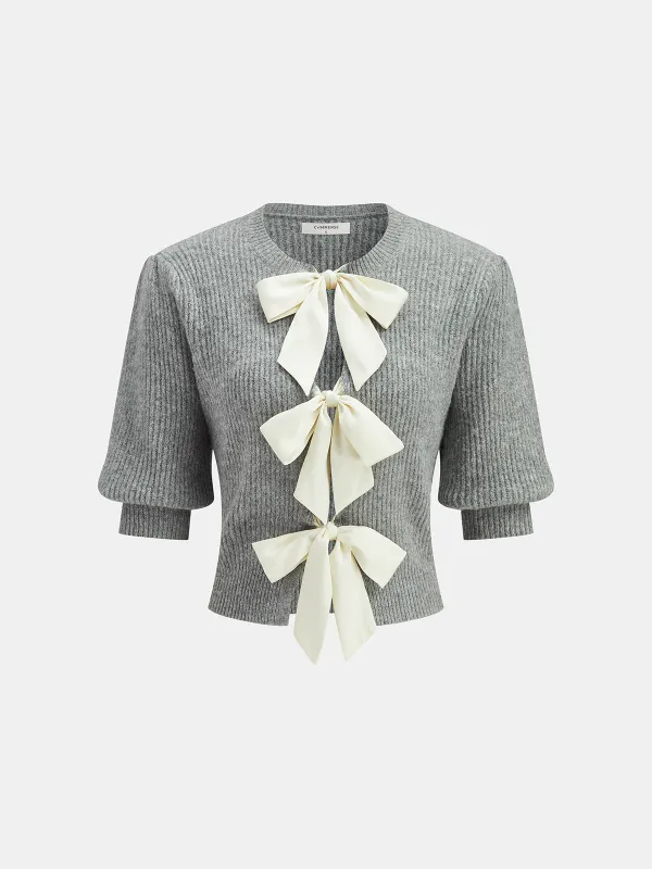 Wool Blend Short Sleeve Bow Knit Top sold by COMMENSE