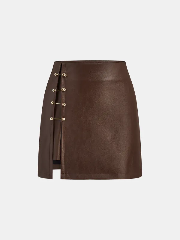 PU Leather Metal Detail Mini Skirt sold by COMMENSE