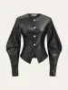 Metal Button Puffed Sleeve PU Leather Jacket sold by COMMENSE