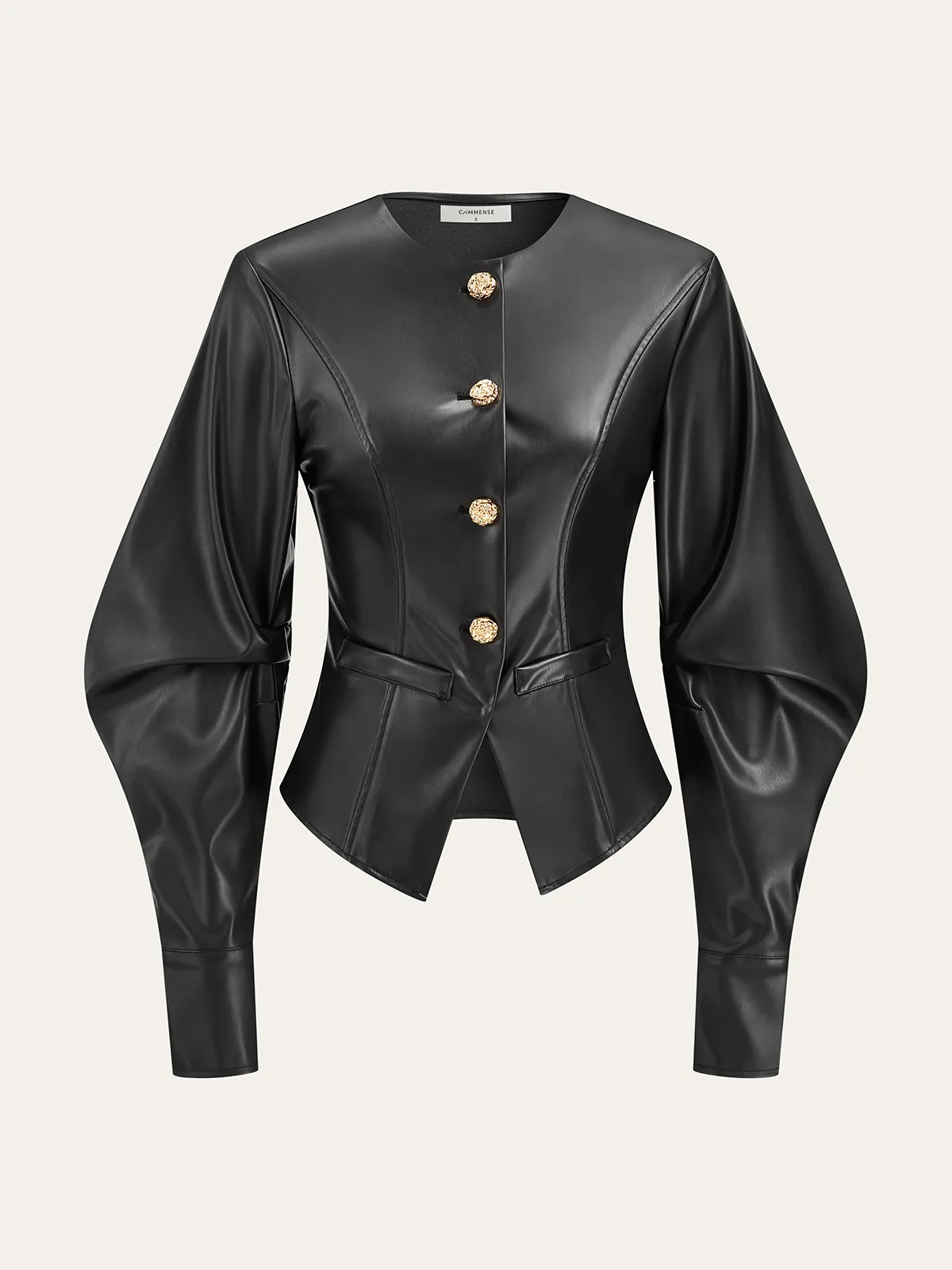 Metal Button Puffed Sleeve PU Leather Jacket sold by COMMENSE