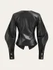 Metal Button Puffed Sleeve PU Leather Jacket sold by COMMENSE