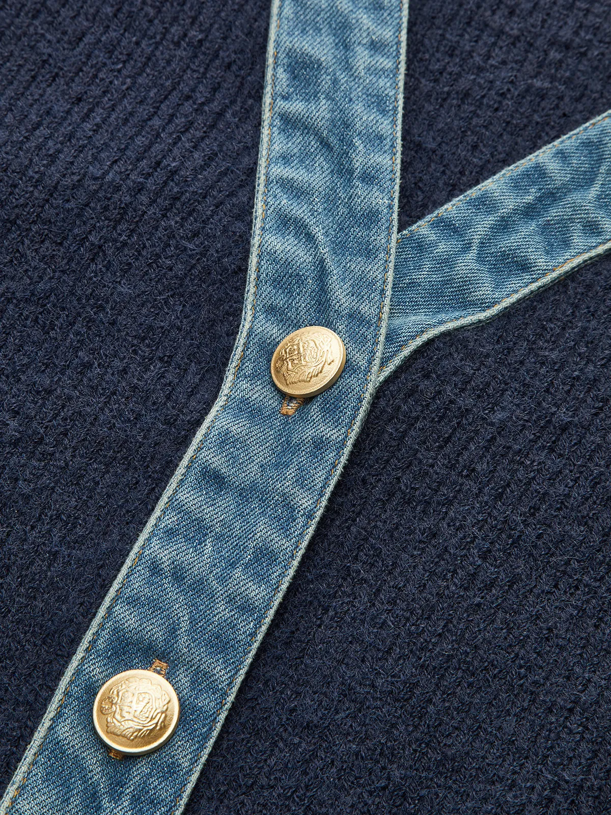 Leg-Of-Mutton Sleeve Denim Panel Knit Cardigan sold by COMMENSE product image thumbnail 3