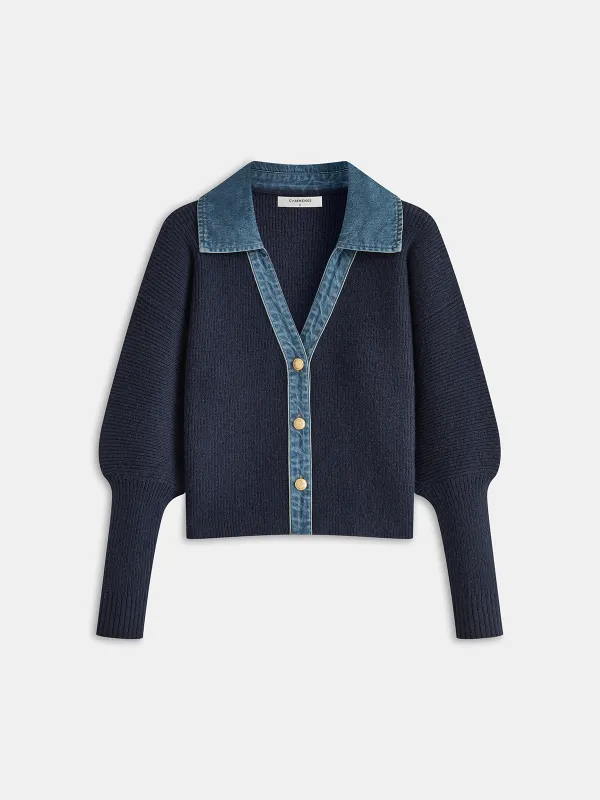 Leg-Of-Mutton Sleeve Denim Panel Knit Cardigan sold by COMMENSE