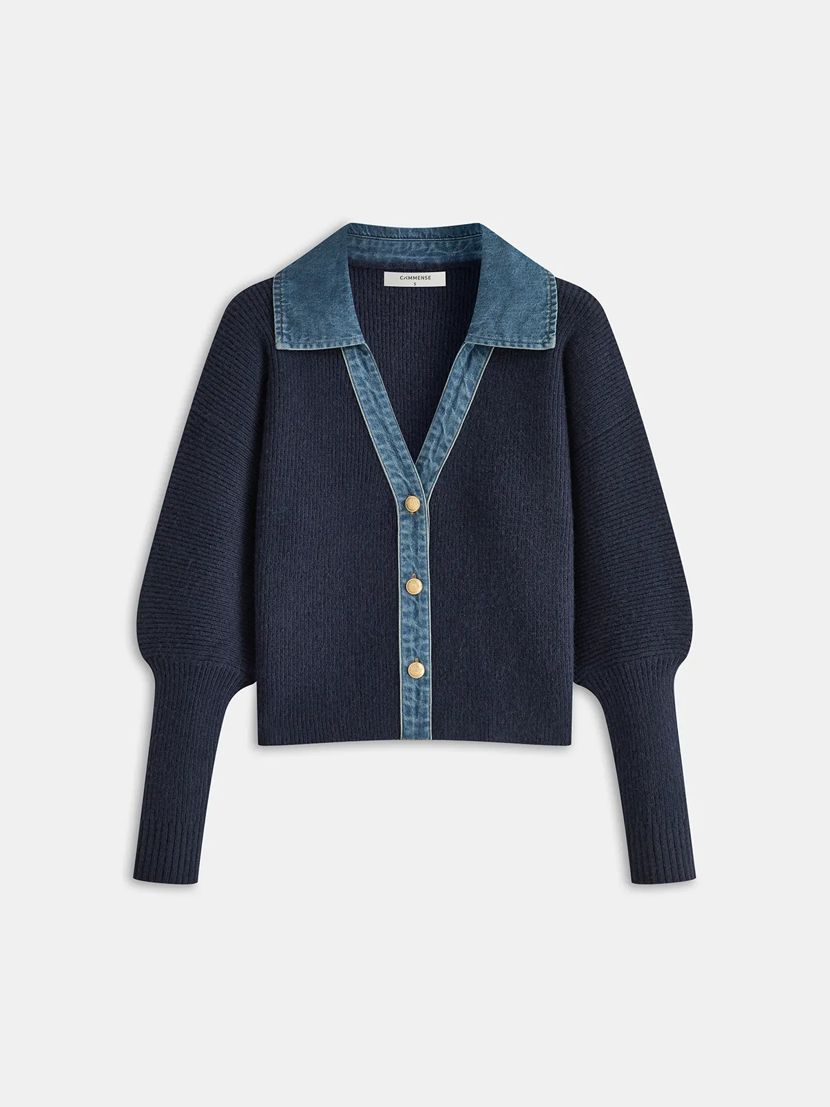 Leg-Of-Mutton Sleeve Denim Panel Knit Cardigan sold by COMMENSE