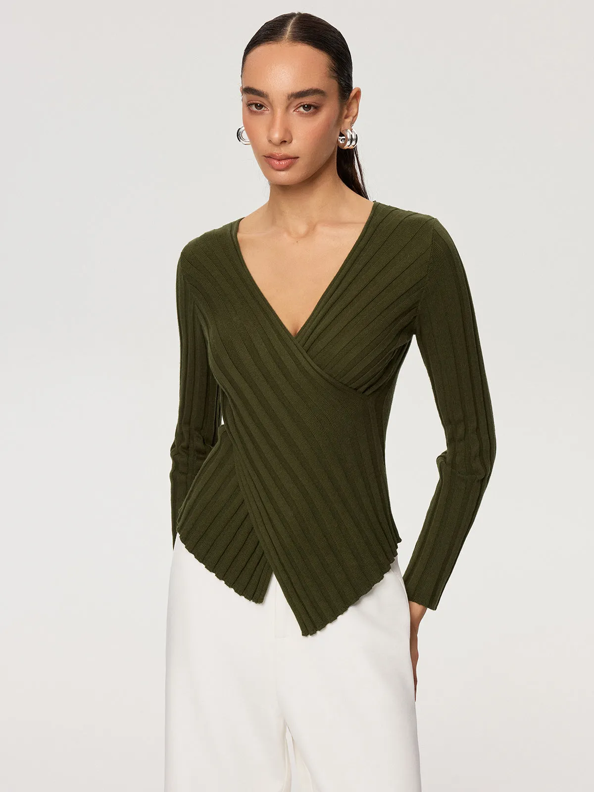Cross-Over V-Neck Fitted Ribbed Knit Top sold by COMMENSE product image thumbnail 3
