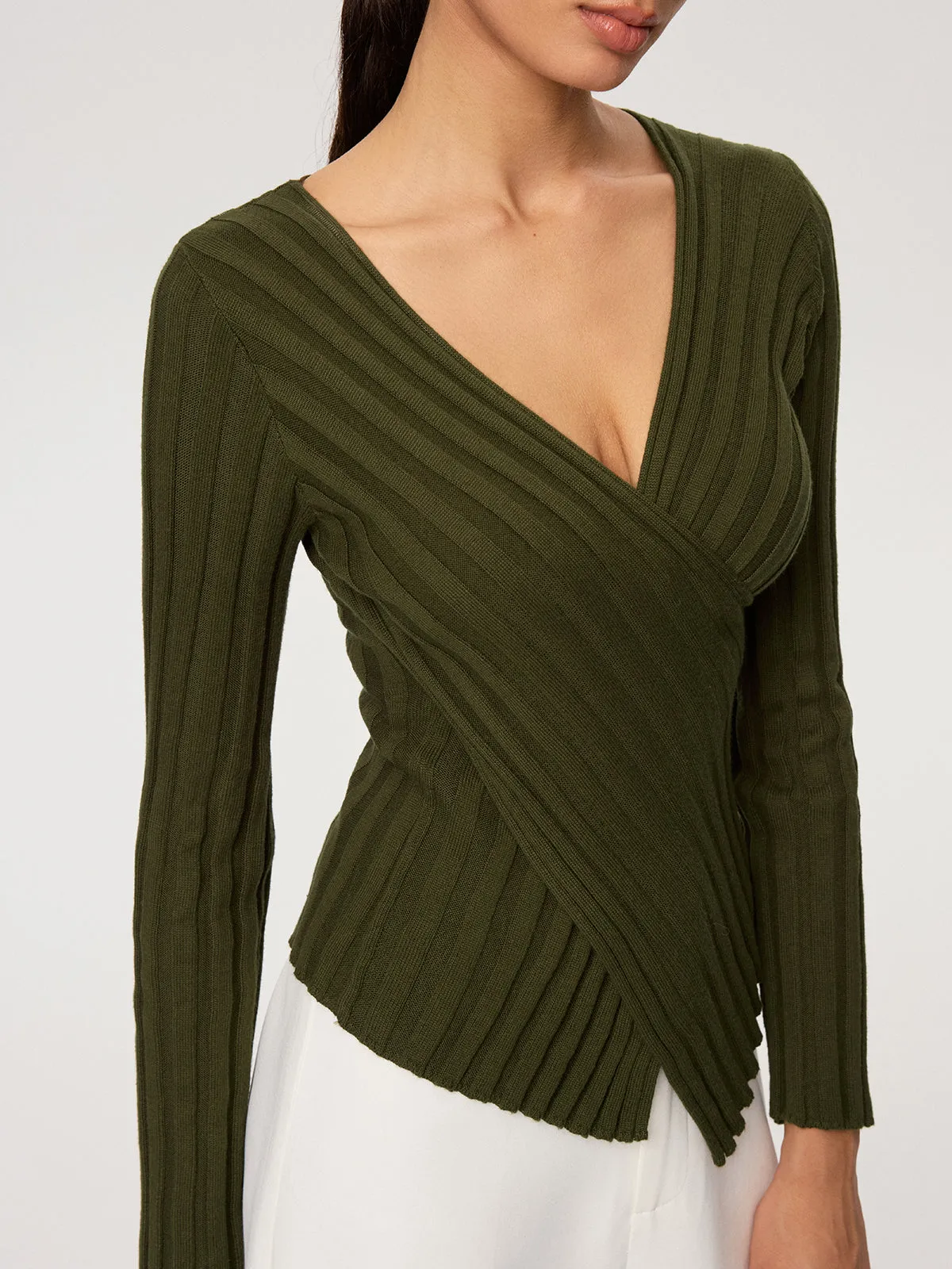 Cross-Over V-Neck Fitted Ribbed Knit Top sold by COMMENSE