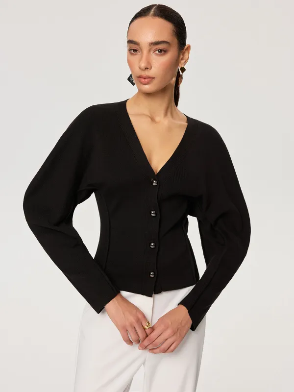 V-Neck Button-Front Puff Sleeve Cardigan sold by COMMENSE