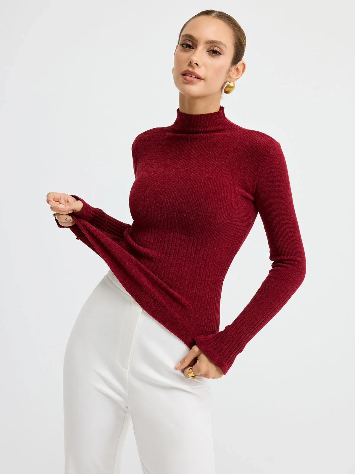 Slim Fit Mock Neck Ribbed Knit Top sold by COMMENSE