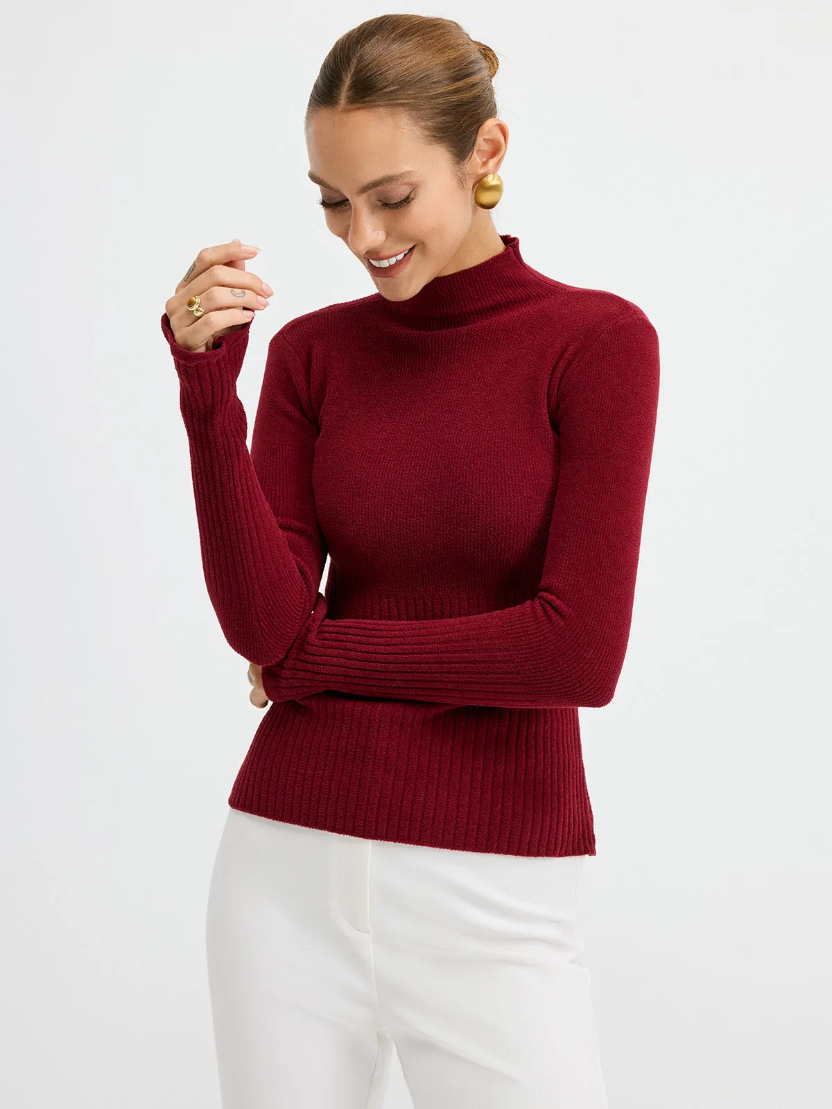 Slim Fit Mock Neck Ribbed Knit Top sold by COMMENSE product image thumbnail 2