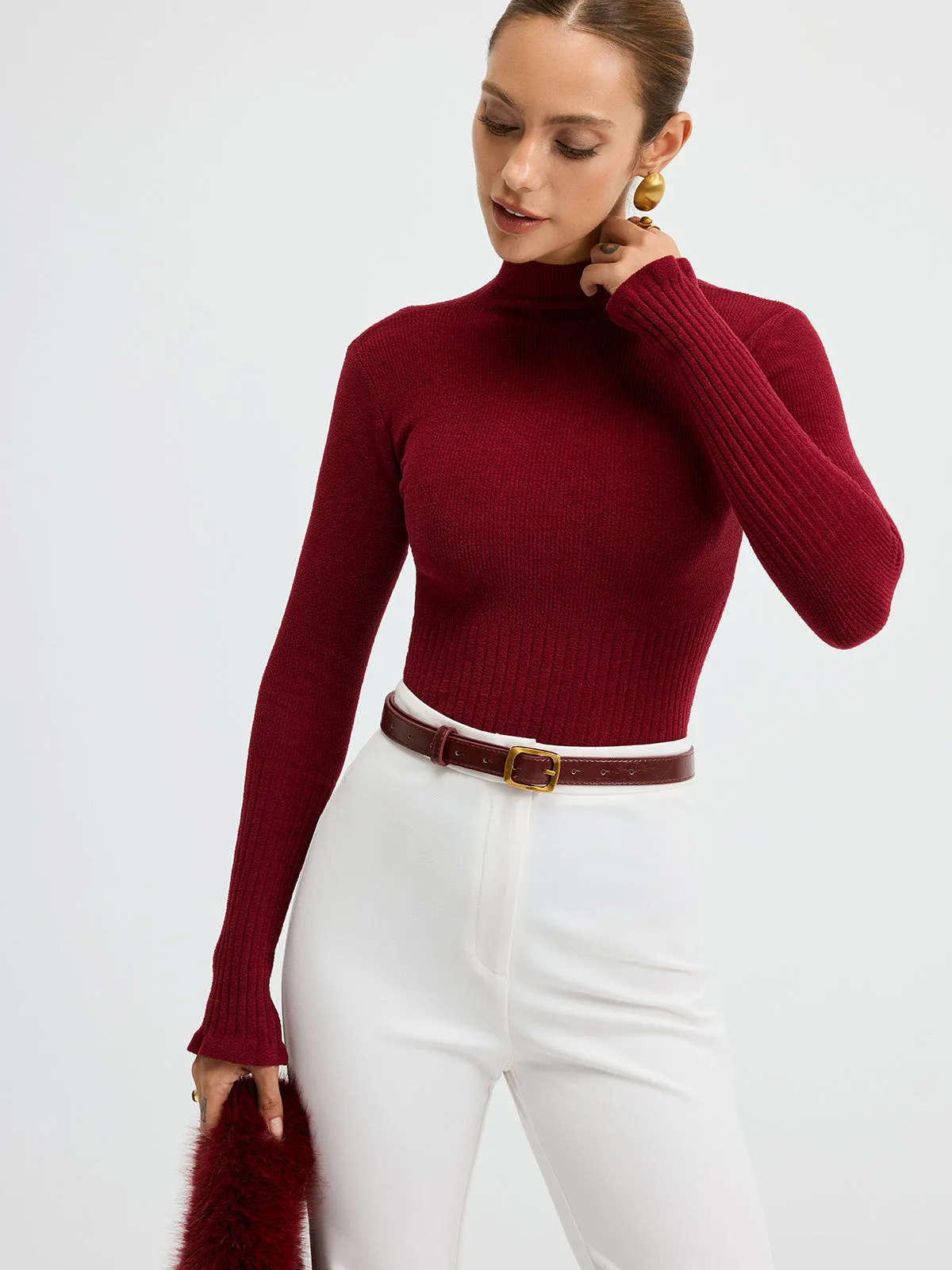 Slim Fit Mock Neck Ribbed Knit Top sold by COMMENSE product image thumbnail 3