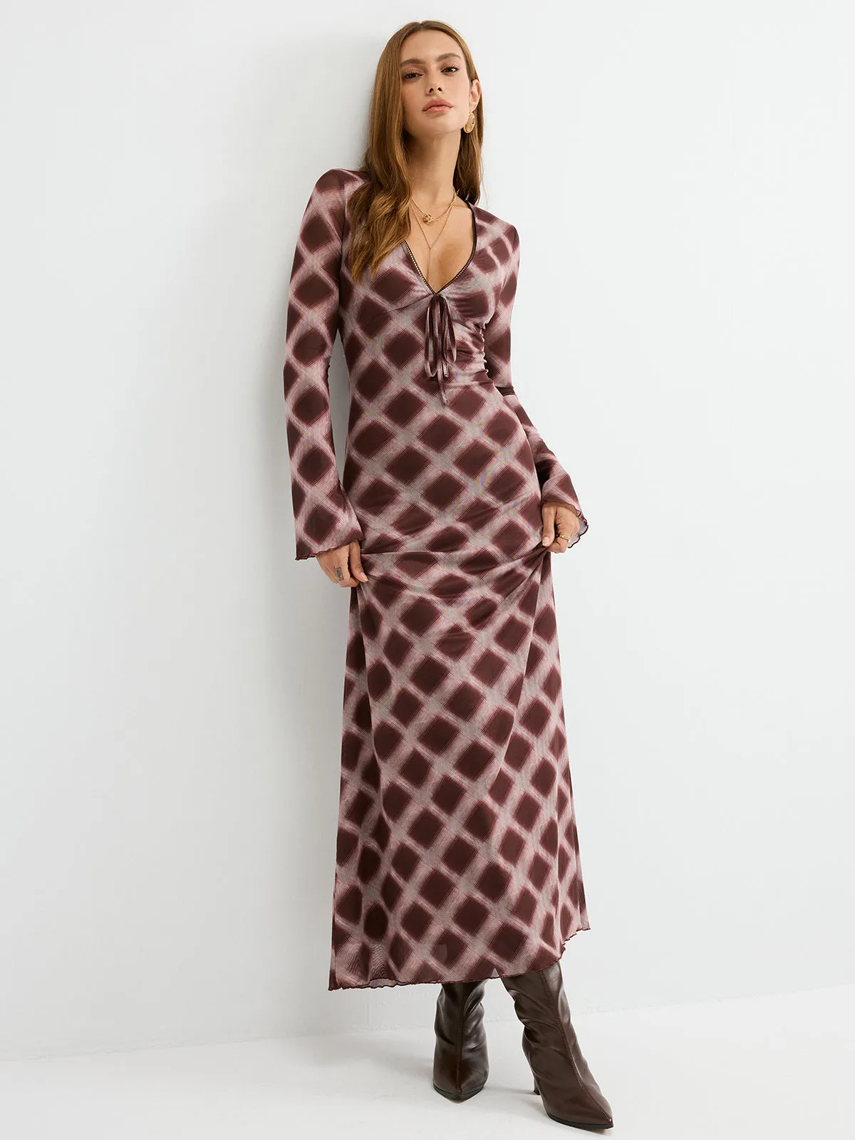 Checkered Mesh Maxi Dress sold by COMMENSE