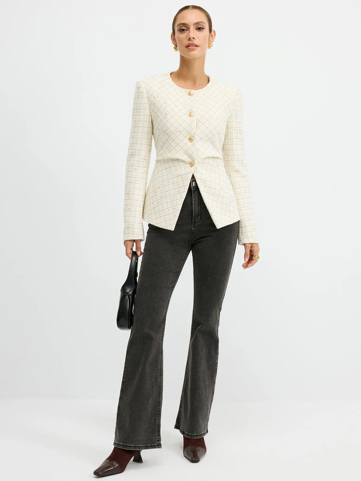 Tweed Round Neck Waist-Cinching Blazer sold by COMMENSE product image thumbnail 4