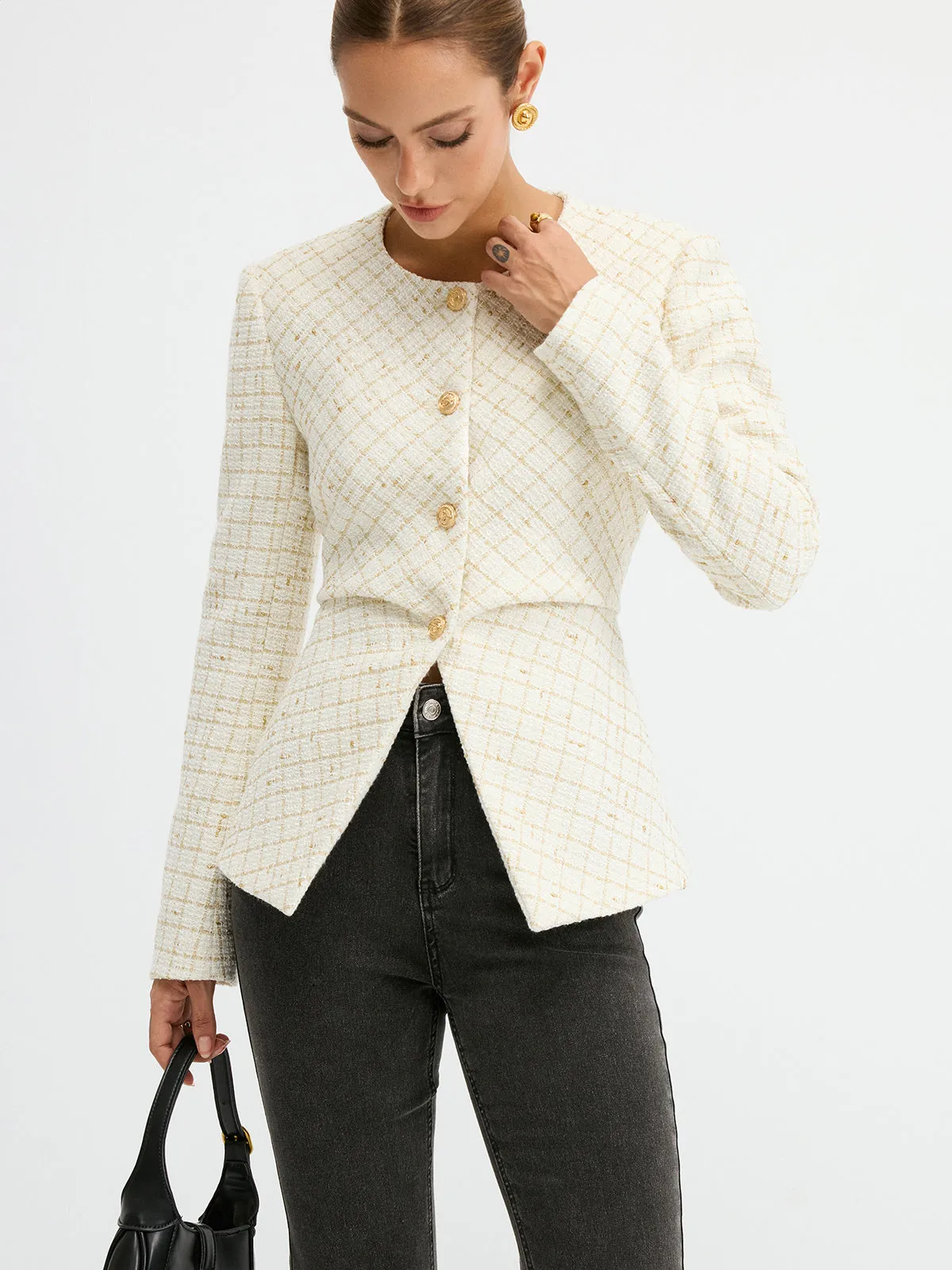 Tweed Round Neck Waist-Cinching Blazer sold by COMMENSE product image thumbnail 2