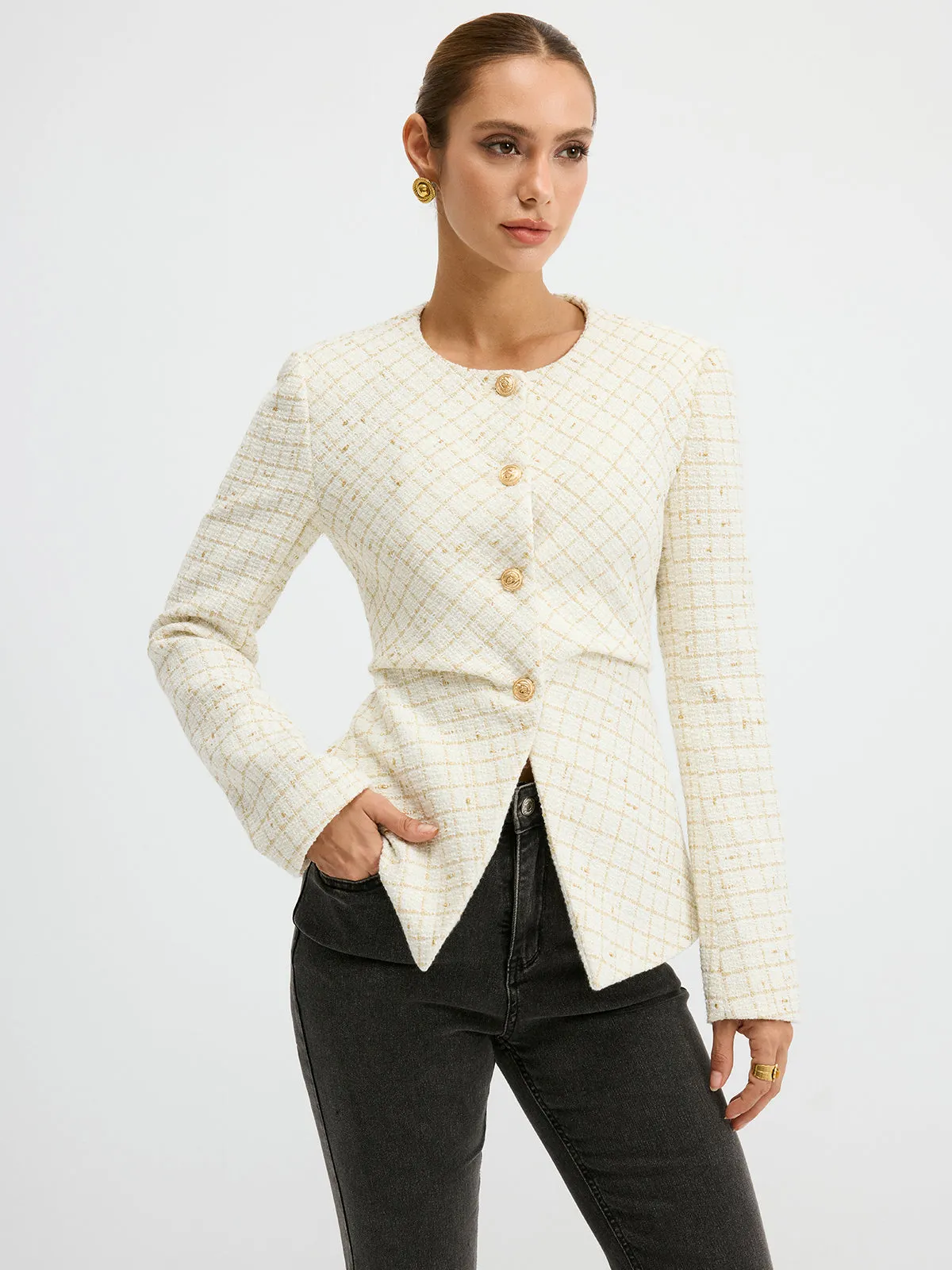 Tweed Round Neck Waist-Cinching Blazer sold by COMMENSE product image thumbnail 3