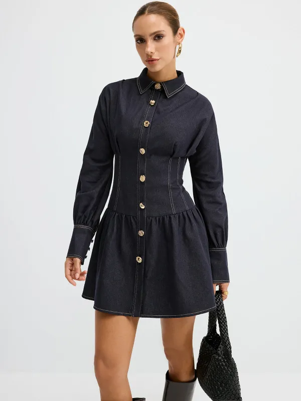 Denim Metal Button Shirt Dress sold by COMMENSE