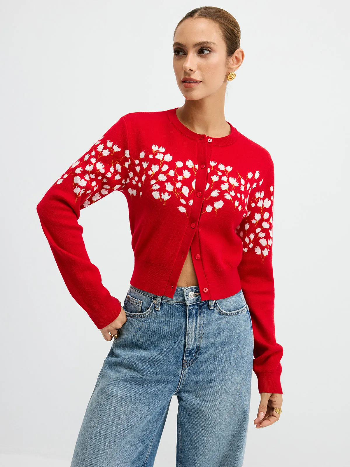 Floral-Patterned Wool Blend Cardigan sold by COMMENSE product image thumbnail 4