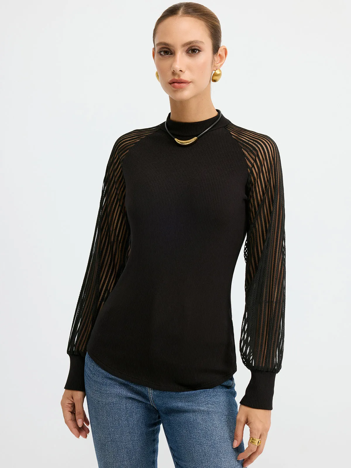 Mock Neck Mesh-Sleeve T-Shirt sold by COMMENSE product image thumbnail 5