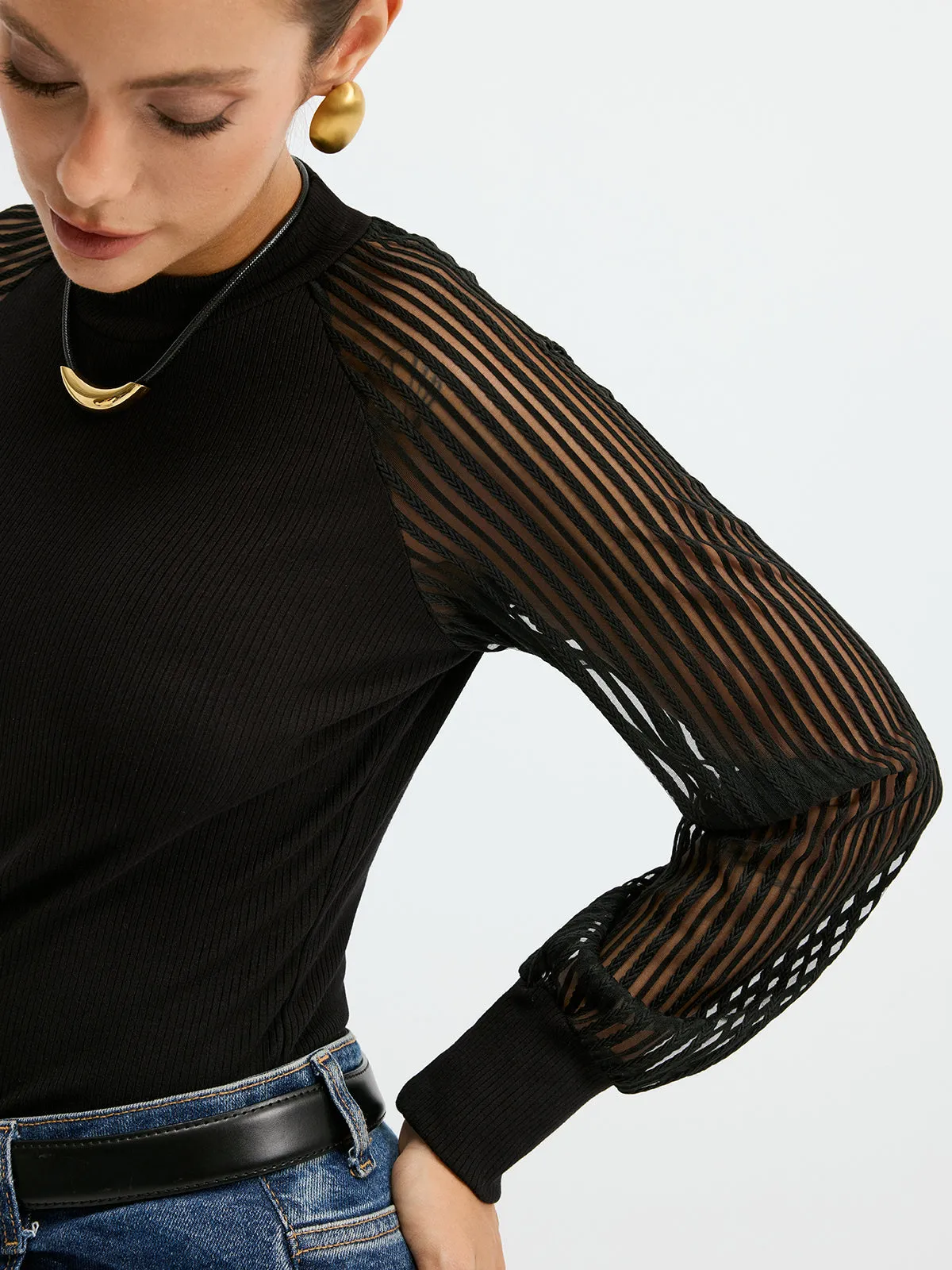 Mock Neck Mesh-Sleeve T-Shirt sold by COMMENSE product image thumbnail 3