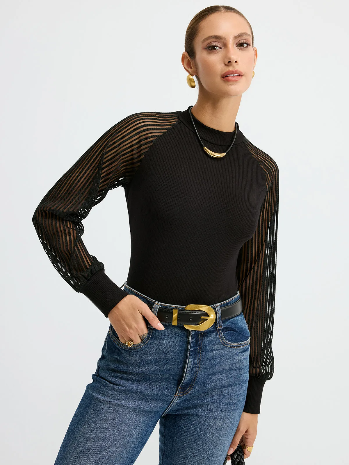 Mock Neck Mesh-Sleeve T-Shirt sold by COMMENSE product image thumbnail 4