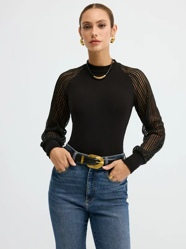 Mock Neck Mesh-Sleeve T-Shirt sold by COMMENSE