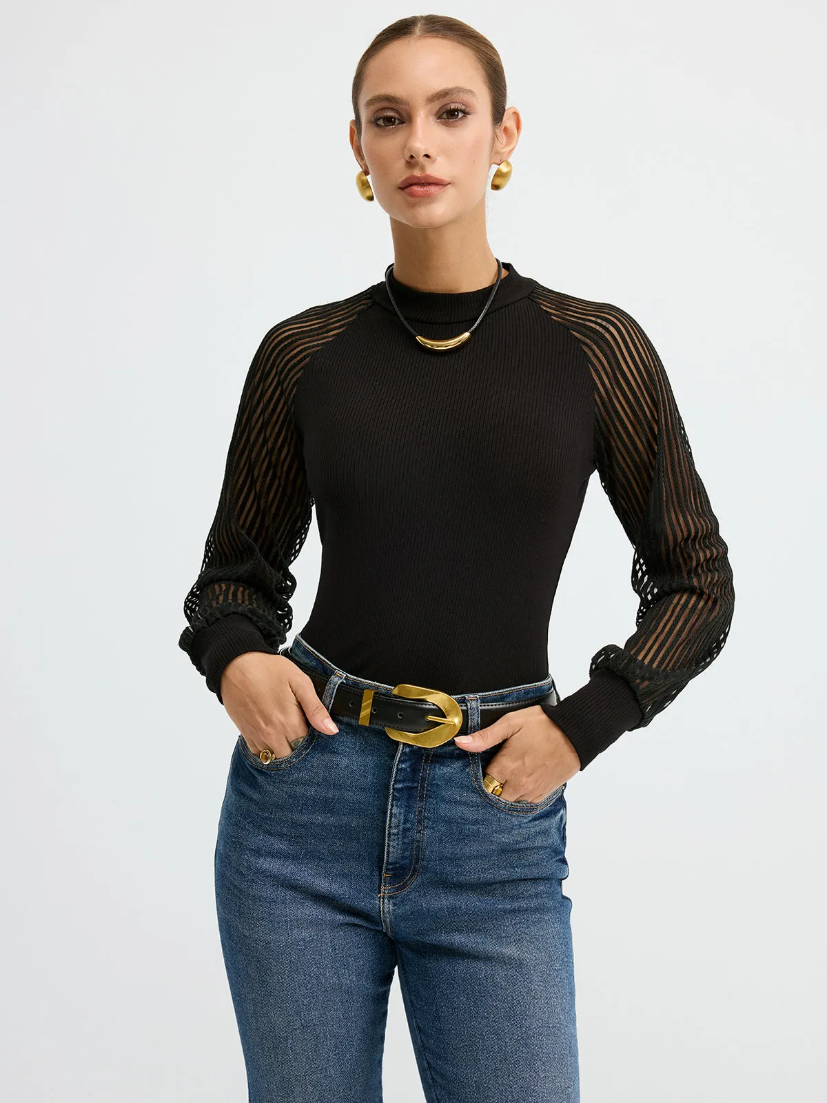 Mock Neck Mesh-Sleeve T-Shirt sold by COMMENSE