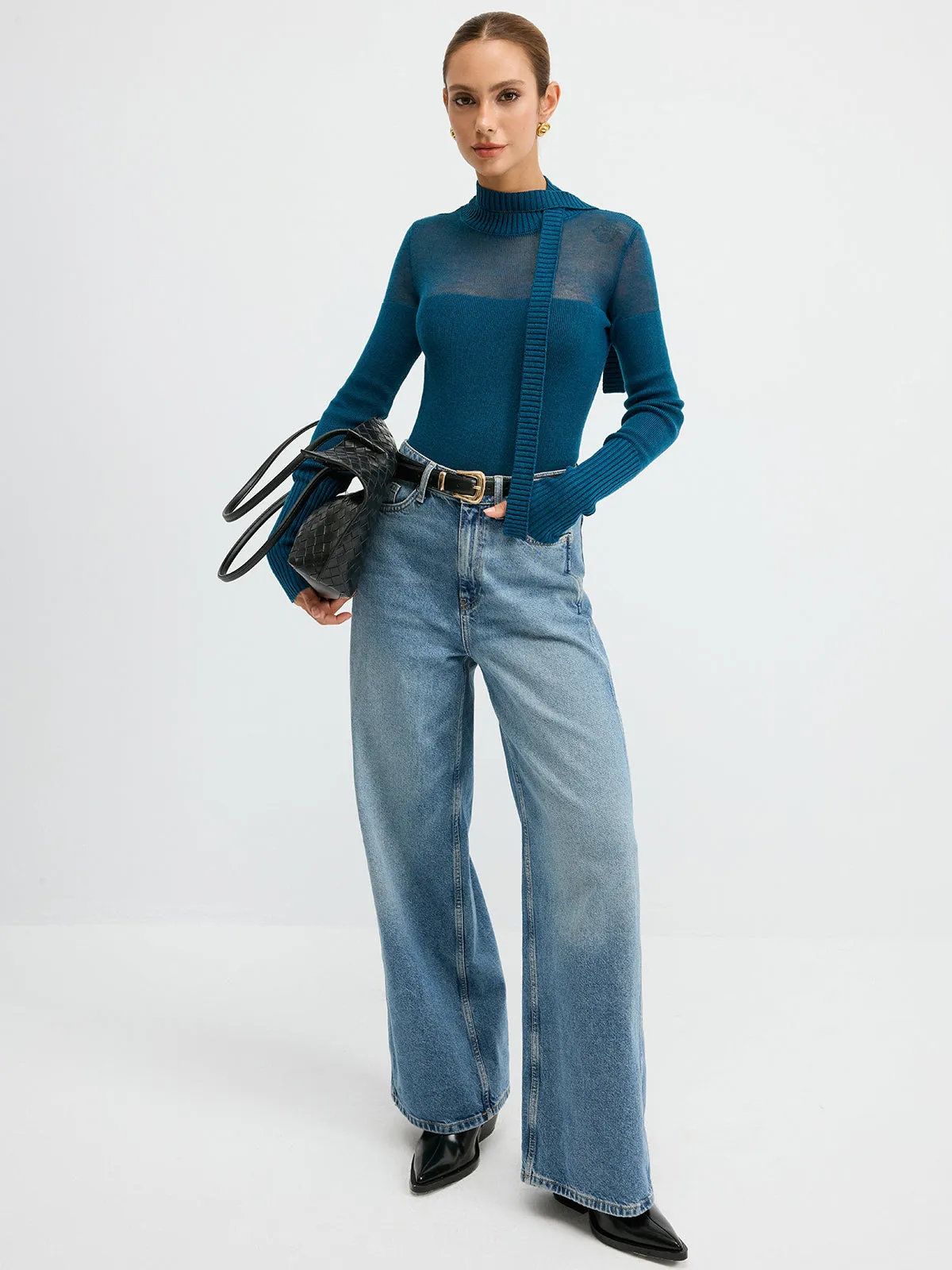 Sheer Panel Tie Neck Wool Blend Knit Top sold by COMMENSE product image thumbnail 5