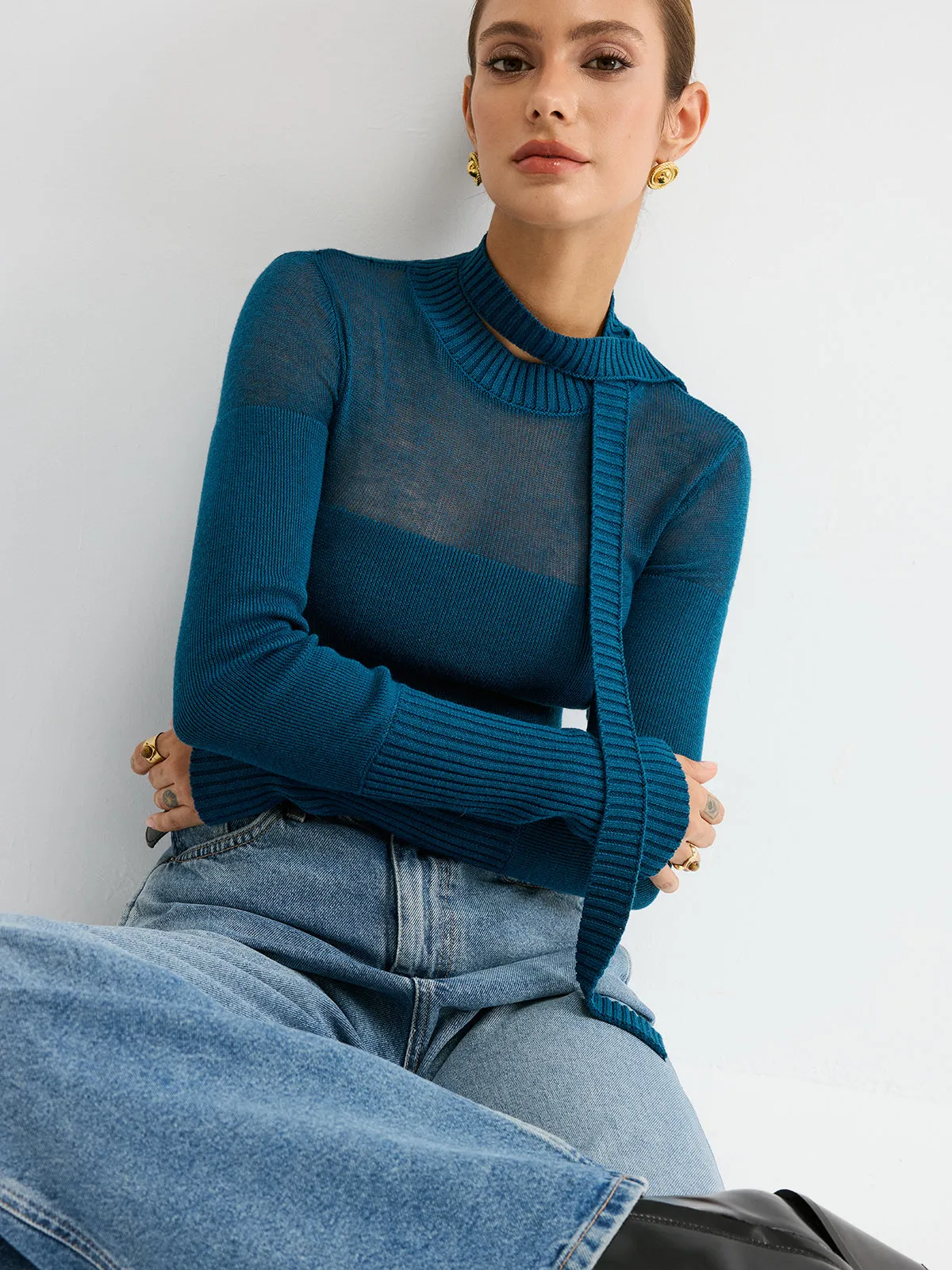 Sheer Panel Tie Neck Wool Blend Knit Top sold by COMMENSE product image thumbnail 2