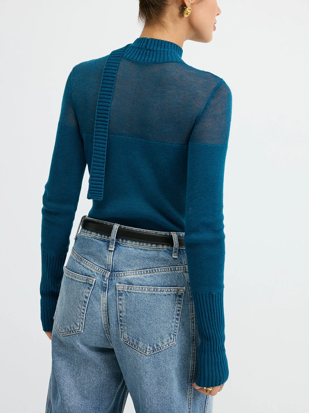 Sheer Panel Tie Neck Wool Blend Knit Top sold by COMMENSE product image thumbnail 3