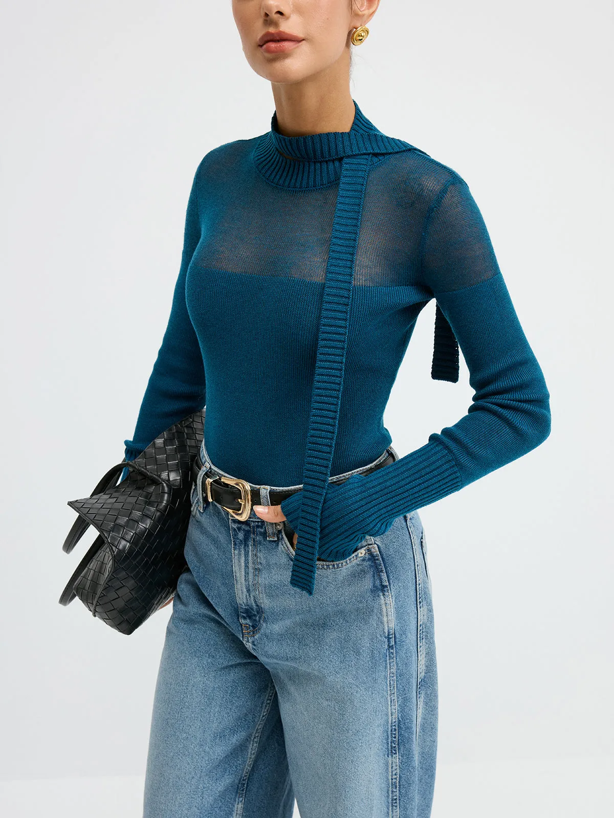 Sheer Panel Tie Neck Wool Blend Knit Top sold by COMMENSE product image thumbnail 4