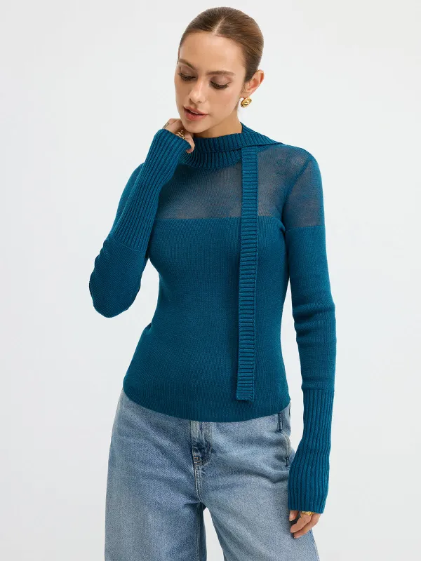 Sheer Panel Tie Neck Wool Blend Knit Top made by COMMENSE