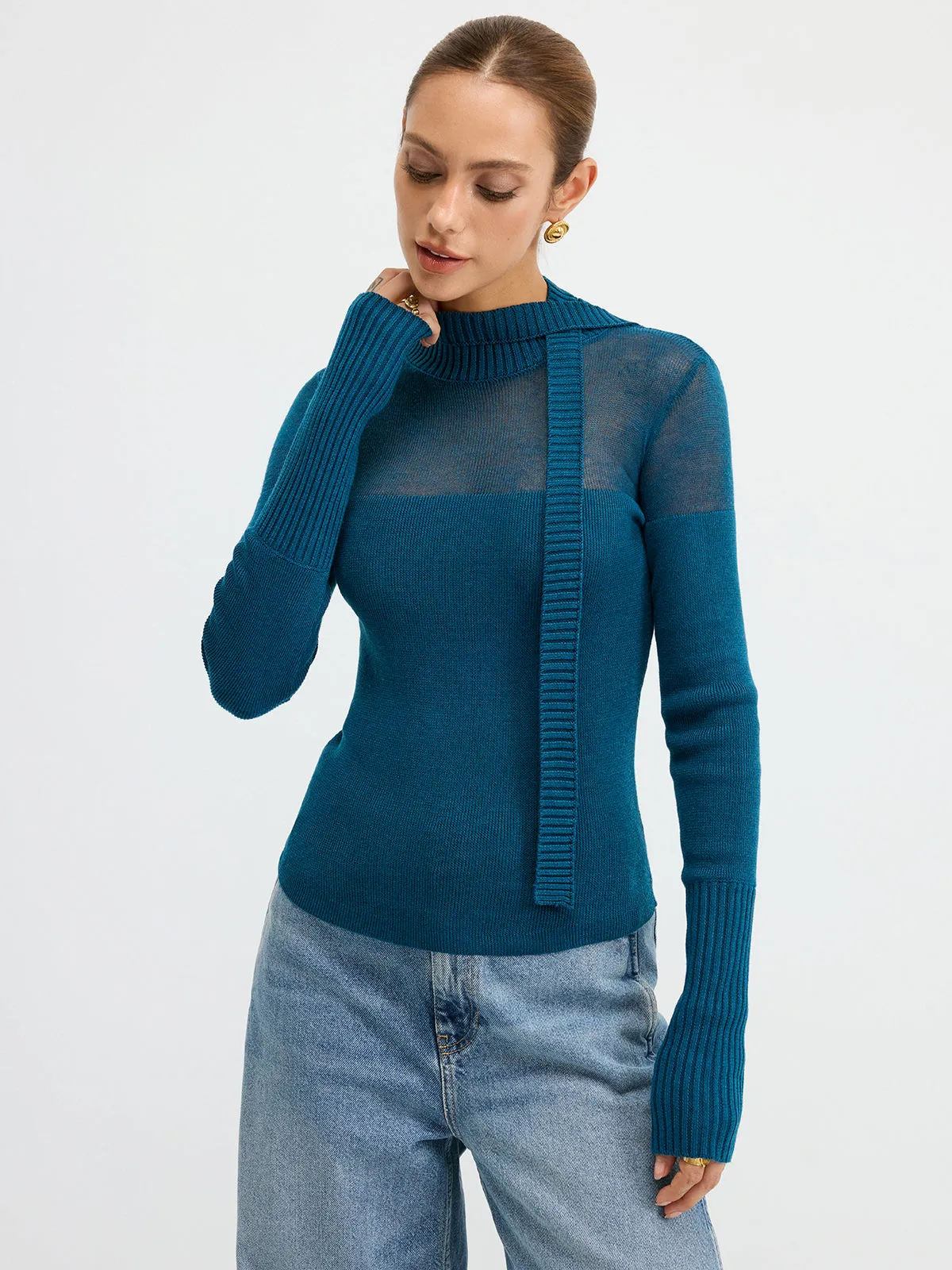 Sheer Panel Tie Neck Wool Blend Knit Top sold by COMMENSE