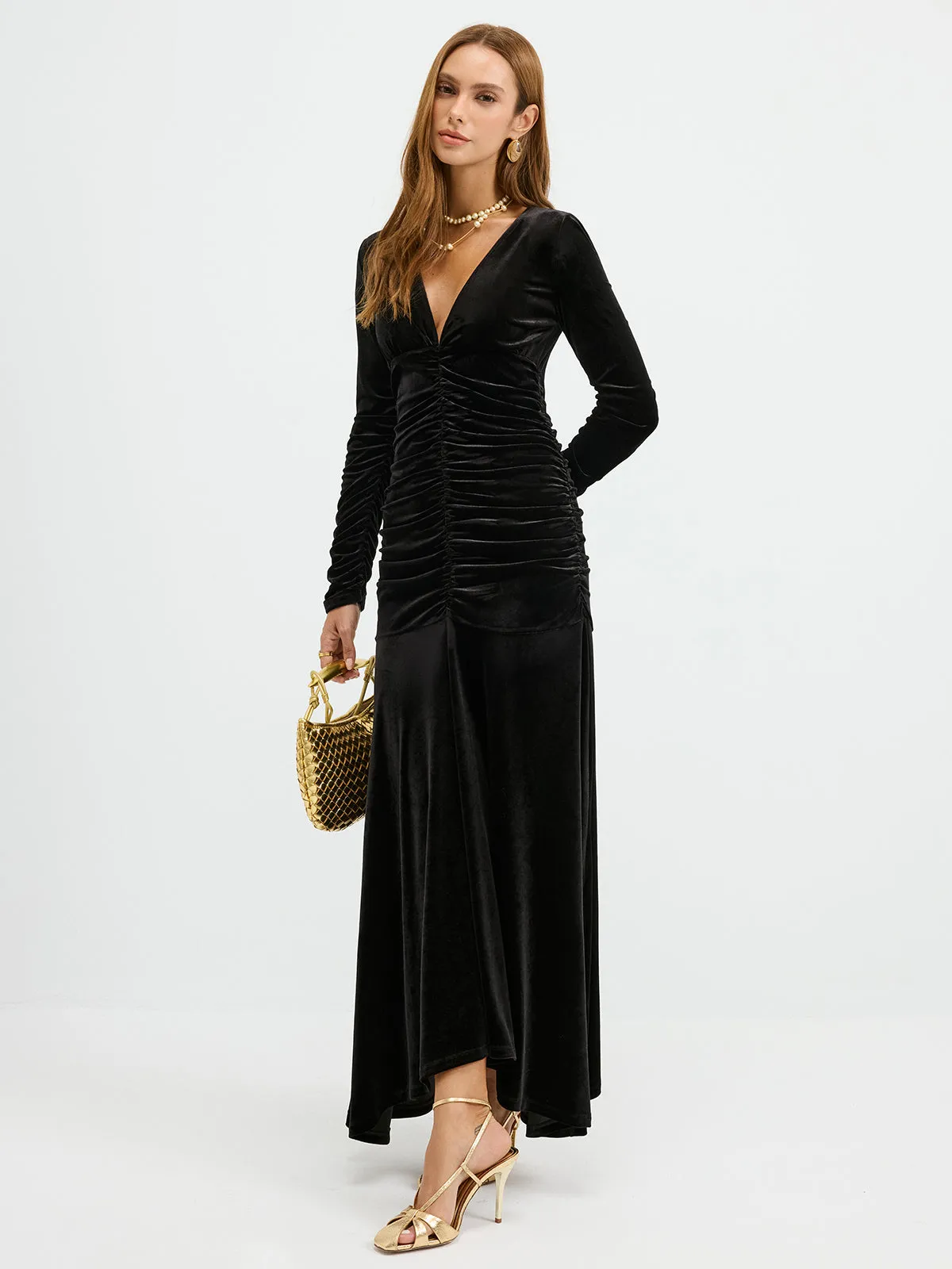 Velvet Ruched Plunge Maxi Dress sold by COMMENSE product image thumbnail 2