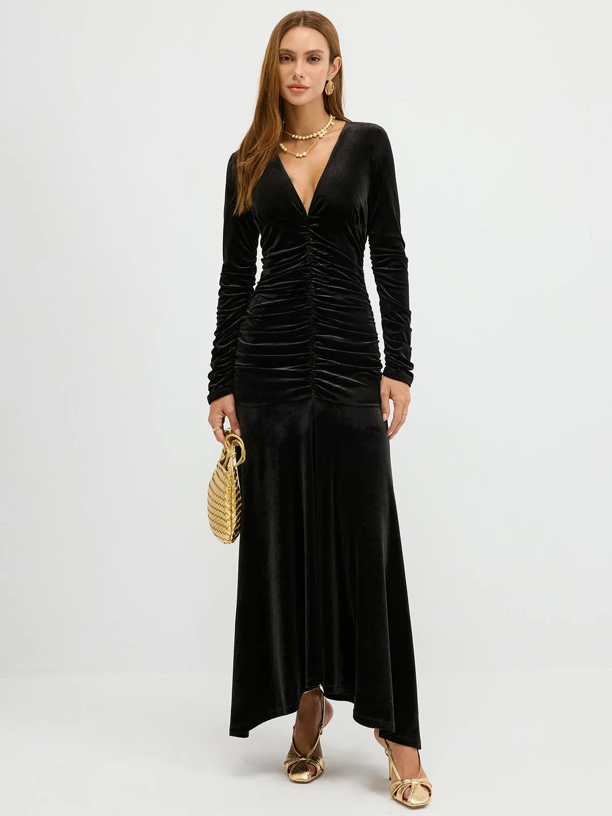 Velvet Ruched Plunge Maxi Dress sold by COMMENSE
