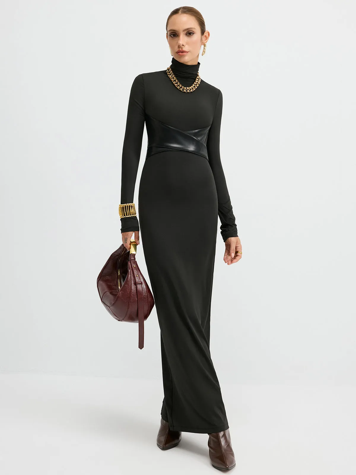 Turtleneck Faux Leather Paneled Maxi Dress sold by COMMENSE