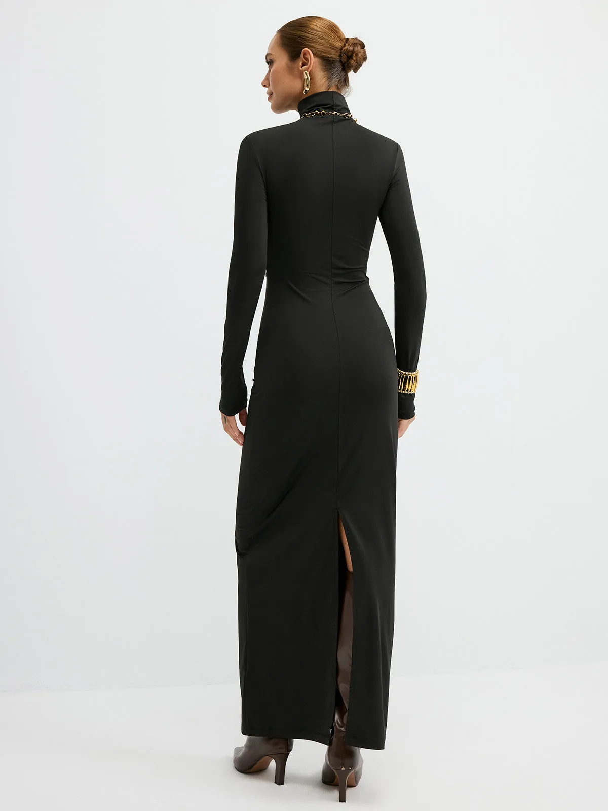 Turtleneck Faux Leather Paneled Maxi Dress sold by COMMENSE product image thumbnail 5