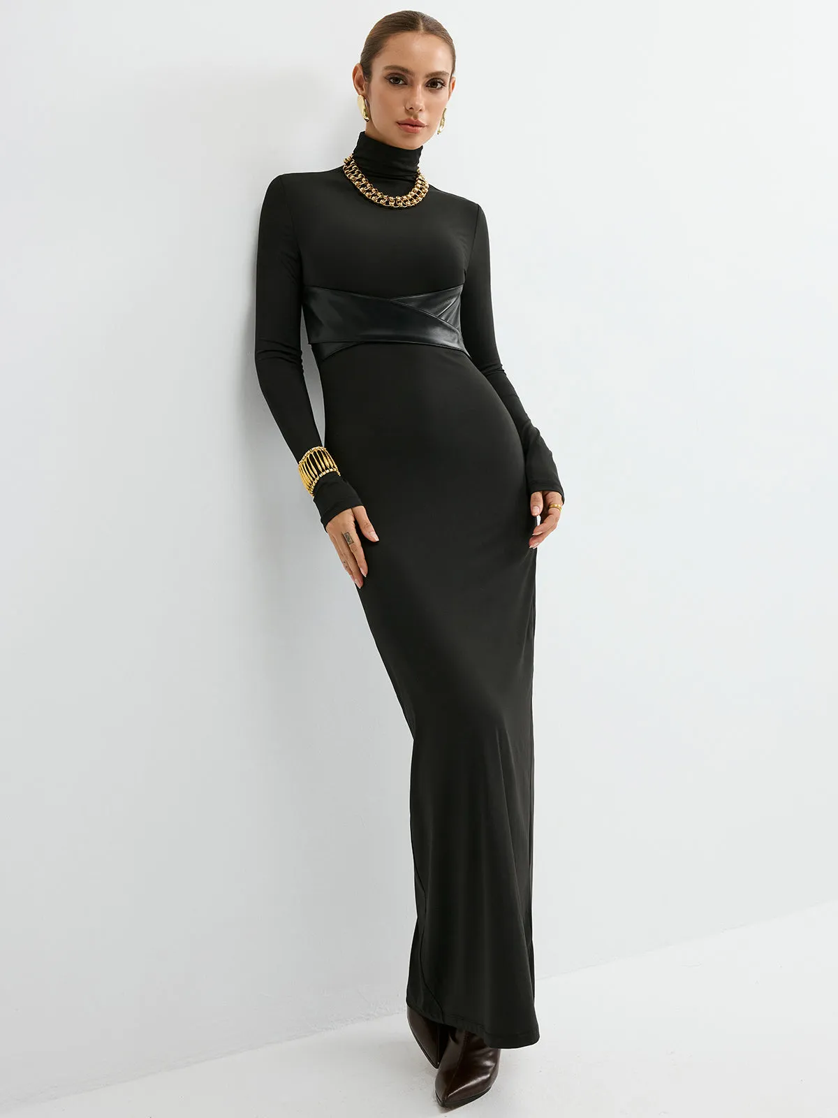 Turtleneck Faux Leather Paneled Maxi Dress sold by COMMENSE product image thumbnail 2