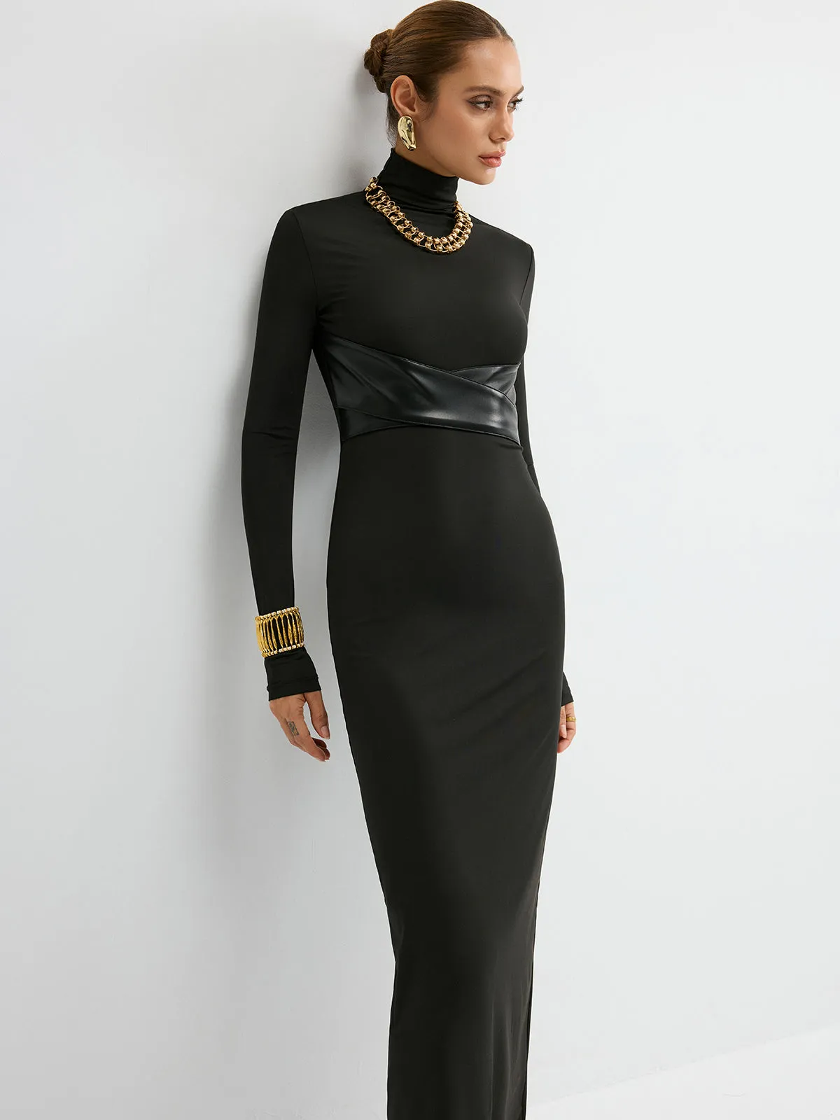 Turtleneck Faux Leather Paneled Maxi Dress sold by COMMENSE product image thumbnail 3