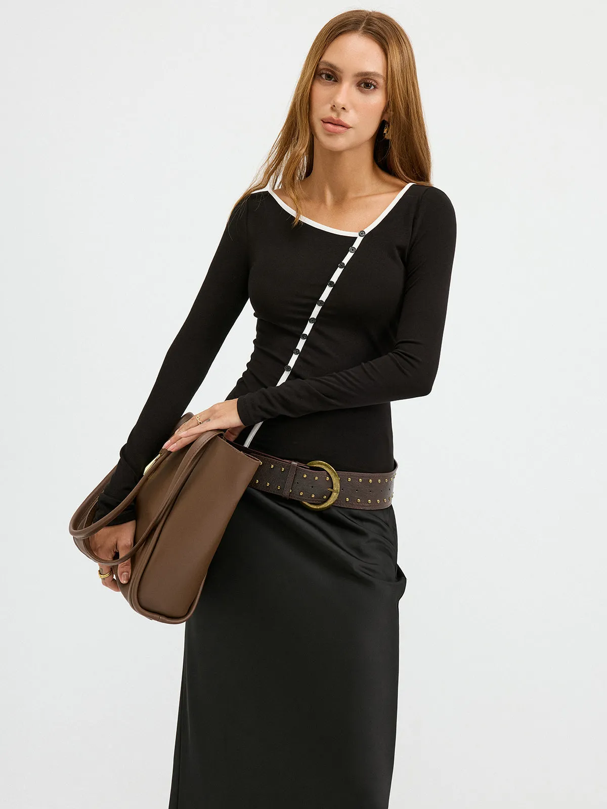 Contrast Trim Decor Button Asymmetric Collar Top sold by COMMENSE product image thumbnail 4