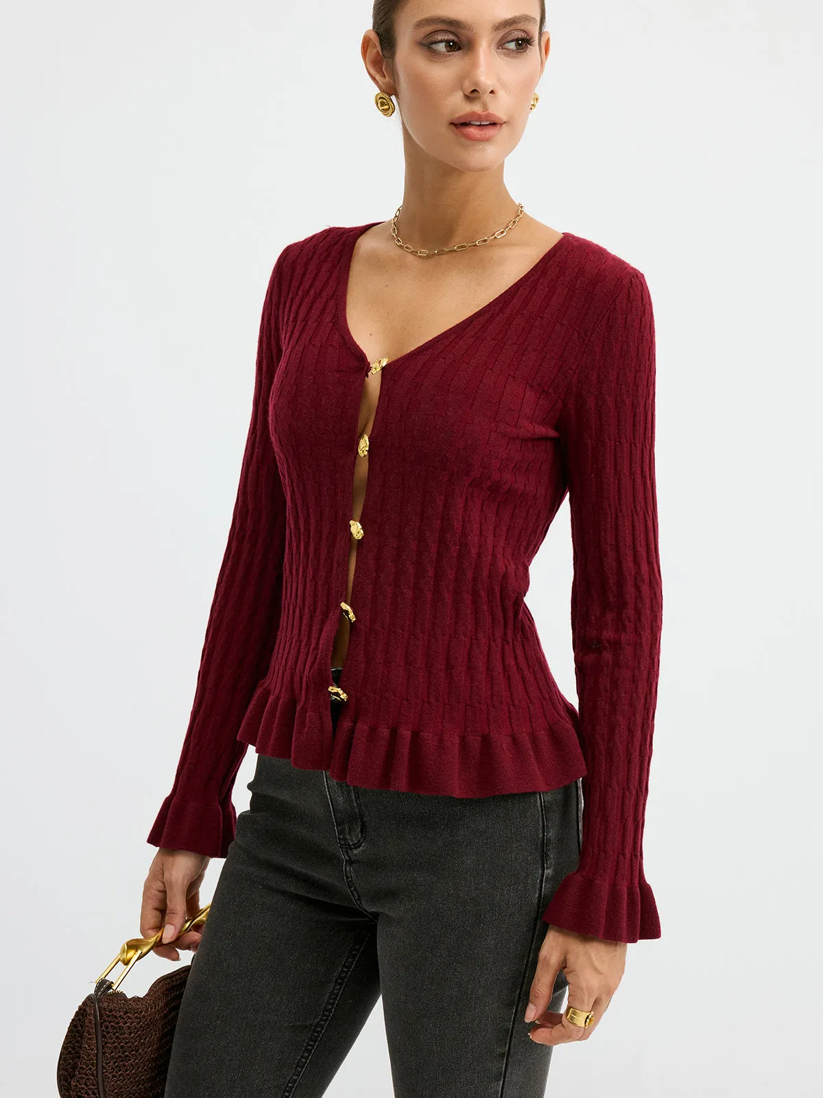 Metal Button Textured Fitted Wool Blend Knit Top sold by COMMENSE