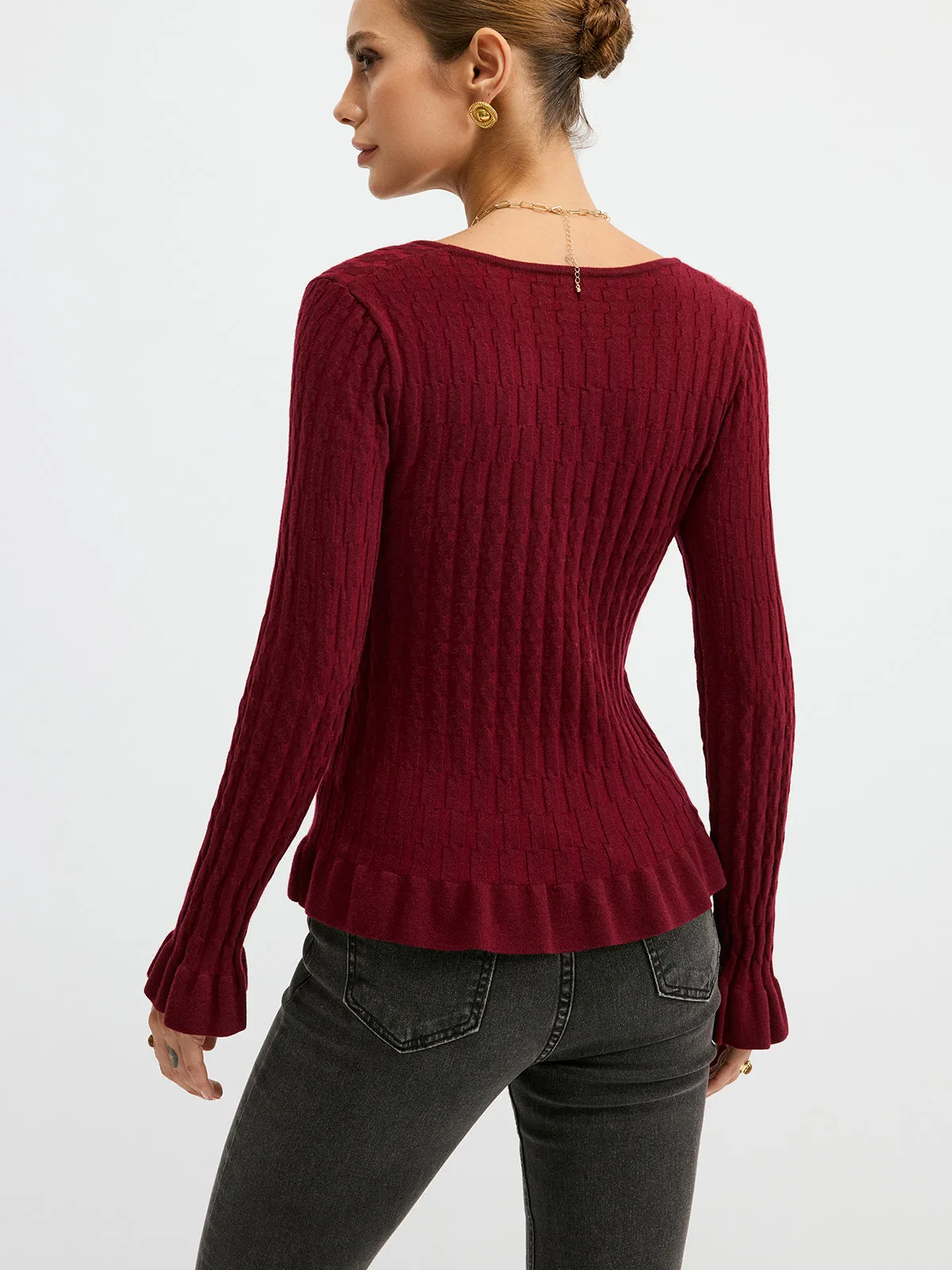 Metal Button Textured Fitted Wool Blend Knit Top sold by COMMENSE product image thumbnail 5