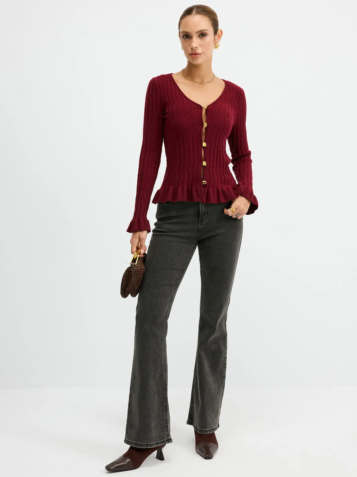 Metal Button Textured Fitted Wool Blend Knit Top sold by COMMENSE product image thumbnail 2