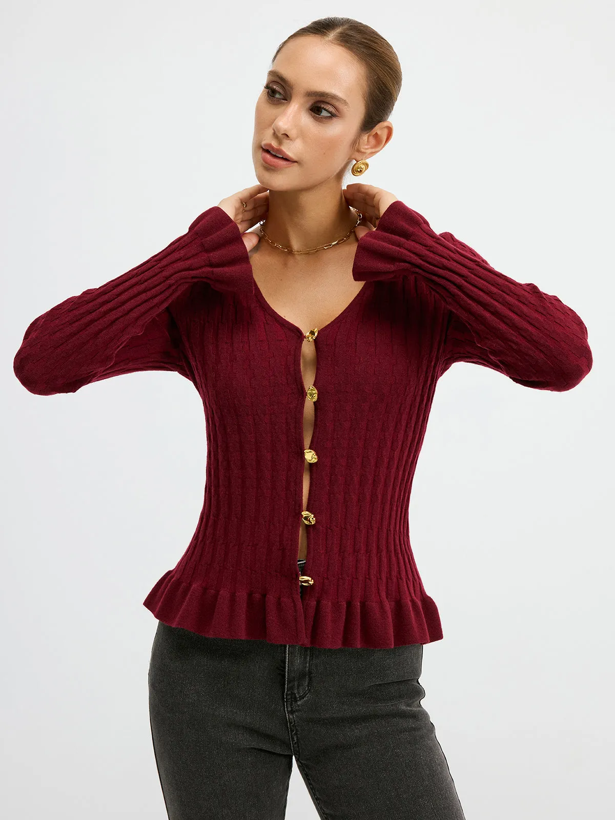 Metal Button Textured Fitted Wool Blend Knit Top sold by COMMENSE product image thumbnail 3